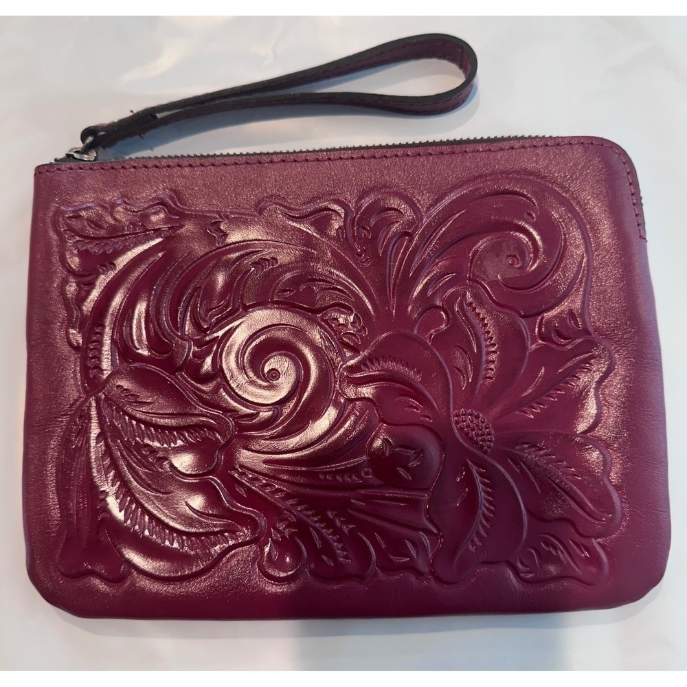 Patricia Nash Plum Purple Tooled Leather Floral Wristlet Clutch Bag